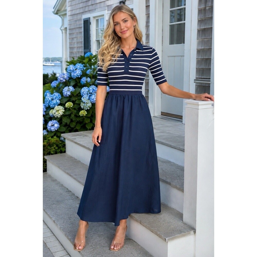 J Crew Polo Midi Dress Womens XS Blue Striped Collared Fit Flare Coastal CR821